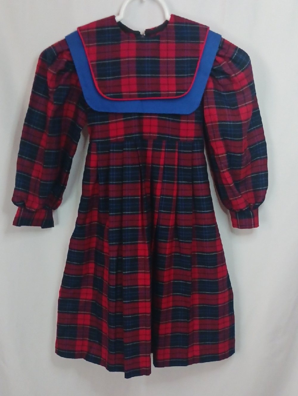 90s Petite Elegance Red & Navy Plaid Girls' Dress with Blue Sailor Collar.